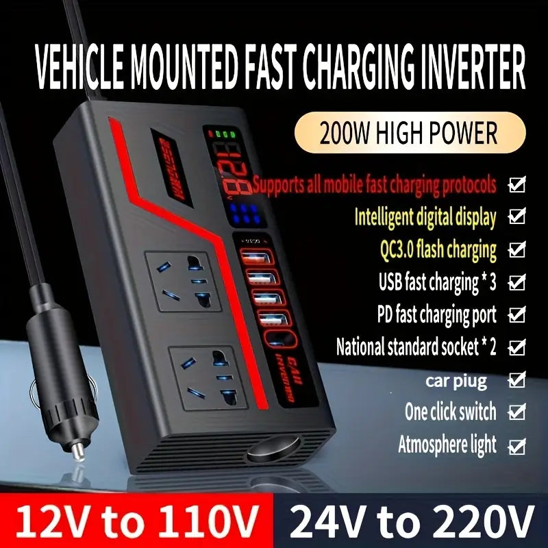 Inversor de Potencia 200W DC12V/24V a AC110V/220V con 4 Puertos USB y LED