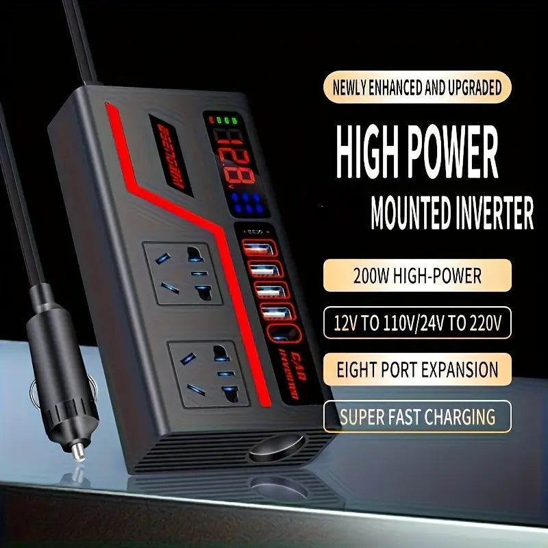 Inversor de Potencia 200W DC12V/24V a AC110V/220V con 4 Puertos USB y LED