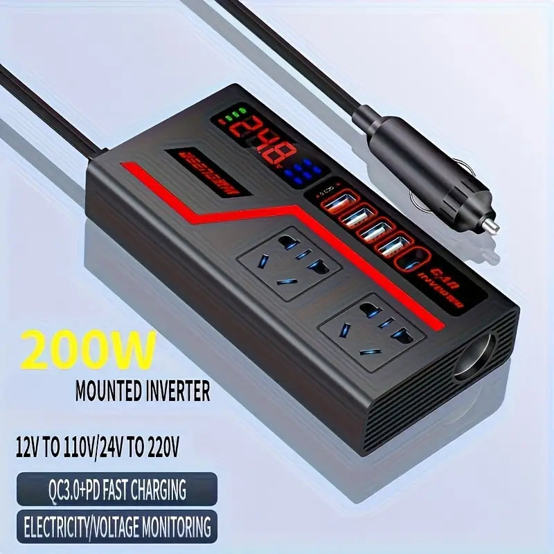 Inversor de Potencia 200W DC12V/24V a AC110V/220V con 4 Puertos USB y LED